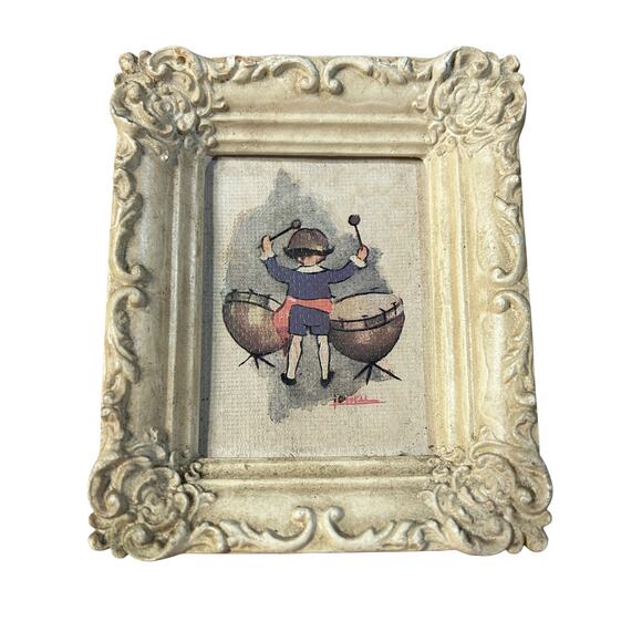 Vintage Wee Musicians Wall Hanging Pair with Ornate Frames circa 1940s - Picture 3 of 4